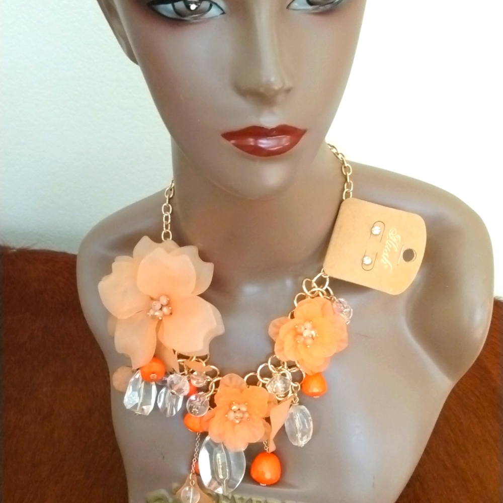Necklace set , gold with orange & tangerine flowers,orange& clear stone accents
